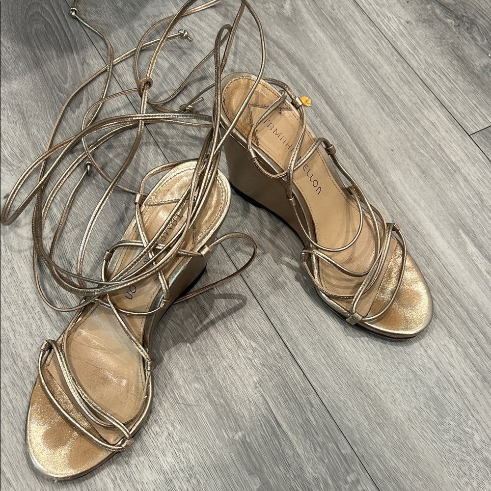 Tamara Mellon Rose Gold Strappy Wedge Sandals